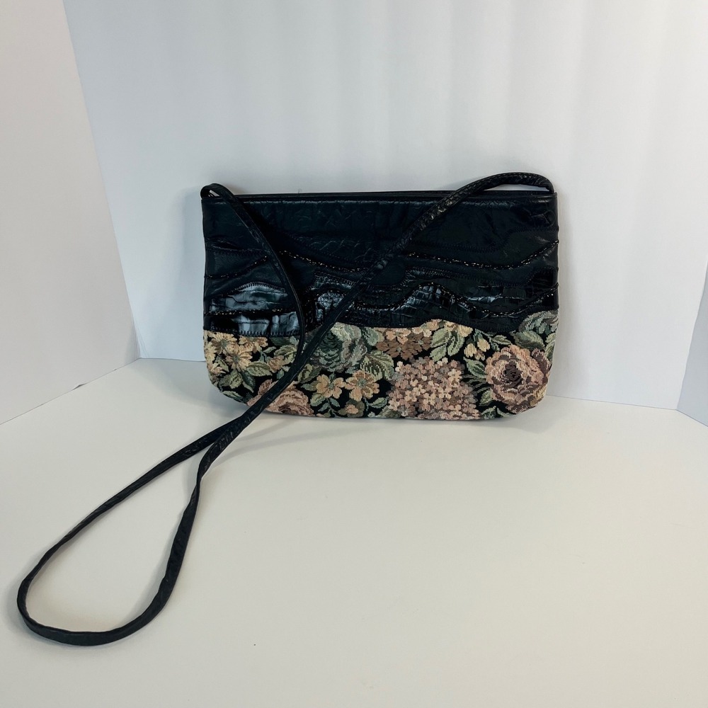 Fifth Avenue Handbags Vintage Floral Tapestry Faux Croc Crossbody Bag Black USA